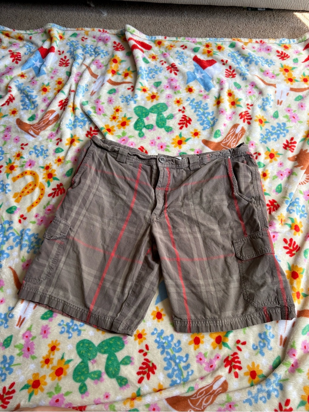 Men's Plaid Cargo Shorts - Brown with Red Stripe